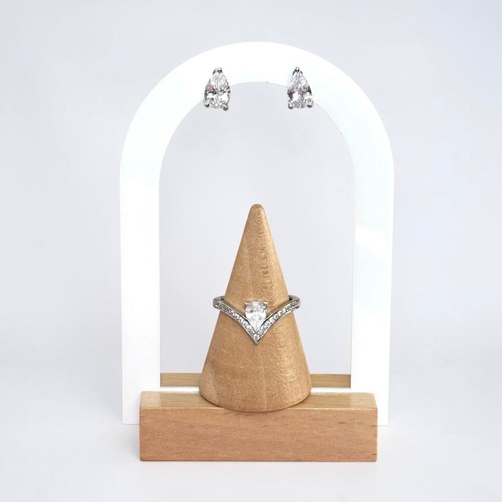 925 Sterling Silver Pear Crystal Ring & Stud Earring Set
